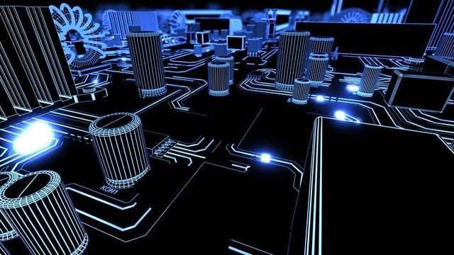 Moving Over Mother Board and Jump Inside CPU Into Digital Data Cyberspace Blue Color. Abstract 3d Animation of Processor Structure and Card Elements. Digital Concept. 4k Ultra HD 3840x2160.