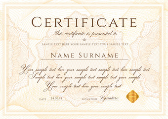 Certificate template with Guilloche pattern, frame border. Design for Diploma, certificate of appreciation, certificate of achievement, certificate of completion, of excellence, of attendance, award