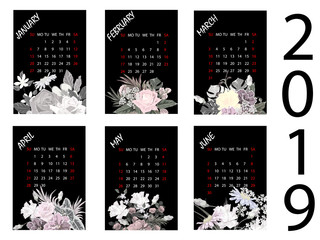 Calendar for the year 2019. Colorful calendar with floral design. Week starts from Sunday. (part 1)