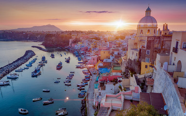 Beautiful sunset in Procida island, Italy - obrazy, fototapety, plakaty