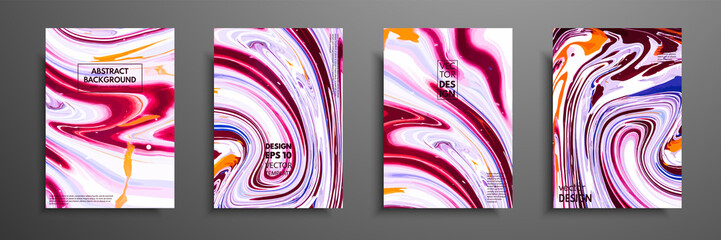 Covers with acrylic liquid textures. Colorful abstract composition. Modern artwork. Vector illustrations with mixed pink, purple, orange and white color. Applicable for design placard, flyer, poster