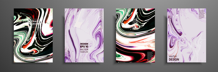 Covers with acrylic liquid textures. Colorful abstract composition. Modern artwork. Vector illustrations with mixed black, purple, green and white color. Applicable for design placard, flyer, poster