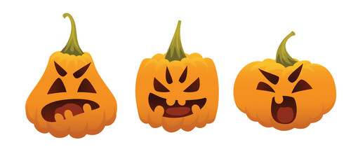 Funny Smiling Halloween Pumpkins. Vector illustration of Halloween Symbol in different forms on white background for your design, prints and greeting cards. Set of emotional faces. Emoji