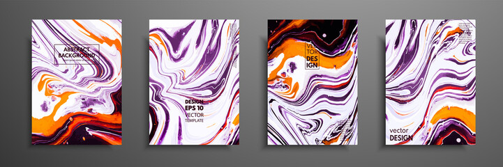 Covers with acrylic liquid textures. Colorful abstract composition. Modern artwork. Vector illustrations with mixed black, purple, orange and white color. Applicable for design placard, flyer, poster