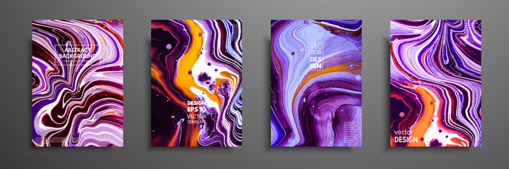 Covers with acrylic liquid textures. Colorful abstract composition. Modern artwork. Vector illustrations with mixed blue, purple, orange and white color. Applicable for design placard, flyer, poster