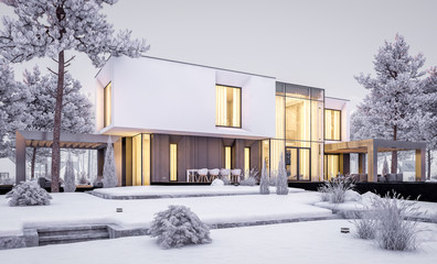 3d rendering of modern cozy house with garage and garden. Cool winter evening with cozy warm light from windows. For sale or rent with beautiful white spruce on background