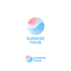 Sunrise tour logo. Travel agency emblems. The sun and waves in the circle, isolated on a white background.