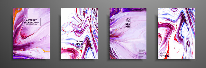 Covers with acrylic liquid textures. Colorful abstract composition. Modern artwork. Vector illustrations with mixed blue, purple, pink and white color. Applicable for design placard, flyer, poster