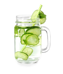 Mason jar of fresh cucumber water on white background