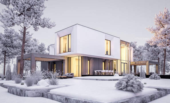3d rendering of modern cozy house with garage and garden. Cool winter evening with cozy warm light from windows. For sale or rent with beautiful white spruce on background
