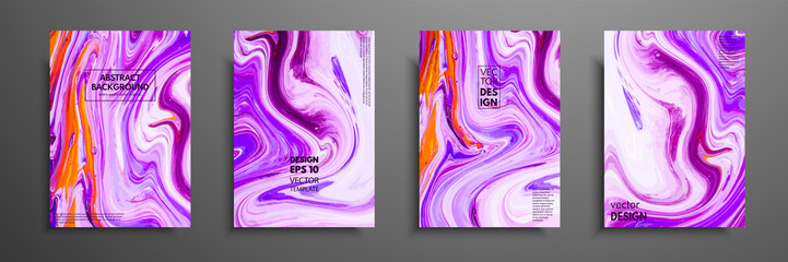 Flyer layout template with mixture of acrylic paints. Liquid marble texture. Fluid art. Applicable for design cover, flyer, poster, placard. Mixed orange, purple and pink paints