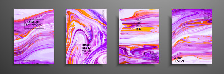 Flyer layout template with mixture of acrylic paints. Liquid marble texture. Fluid art. Applicable for design cover, flyer, poster, placard. Mixed orange, purple and pink paints
