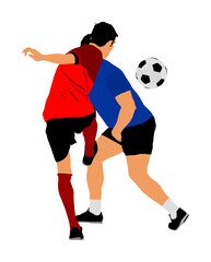 Soccer players in duel vector illustration isolated on white background. Football player battle for the ball and position. Sport activity people. Man competition. Handsome boy play soccer with friend.