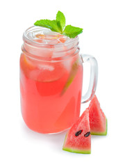 Mason jar of tasty cold watermelon lemonade on white background