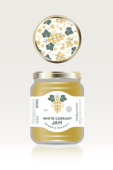 Label and packaging of white currant jam. Can lid jar with fruit pattern. The flat original illustration and texts on the minimalist label on the jar.