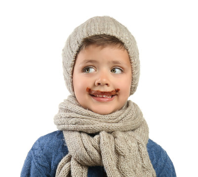 Funny Little Boy With Chocolate On Face Against White Background