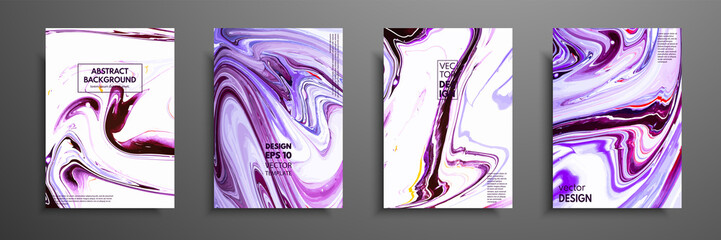 Flyer layout template with mixture of acrylic paints. Liquid marble texture. Fluid art. Applicable for design cover, flyer, poster, placard. Mixed blue, purple and white paints