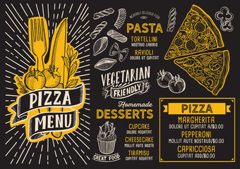 Pizza menu food template for restaurant with doodle hand-drawn graphic.
