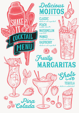 Cocktail drink menu template for restaurant with doodle hand-drawn graphic.