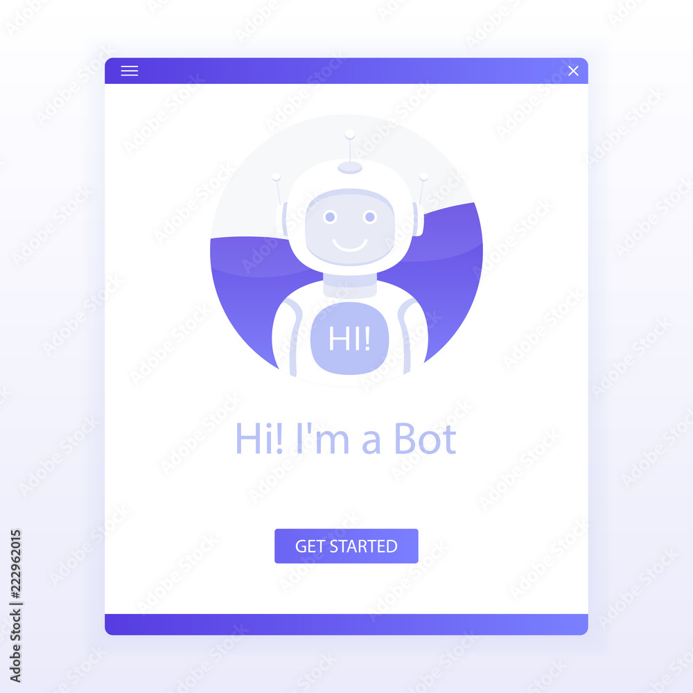 Poster cute smiling robot,chat bot say hi..isolated on white background for website. voice support service 