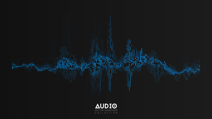 Vector audio wavefrom. Abstract music waves oscillation. Futuristic sound wave visualization. Synthetic music technology sample. Tune print. Distorted frequencies.