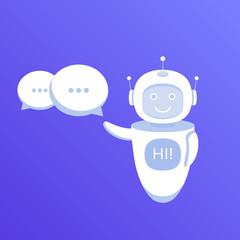 Chat bot holds speech bubbles and show hi on screen inside itself. Customer service robot. Modern Vector illustration in flat style