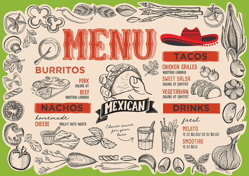 Mexican menu for restaurant with frame of graphic vegetables.