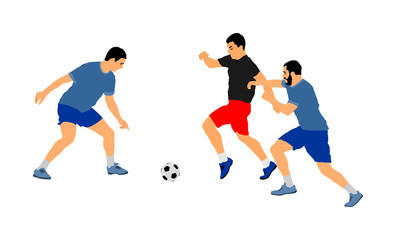 Soccer players in duel vector illustration isolated on white background. Football player battle for the ball and position. Attractive sport game, superstars on the scene.
