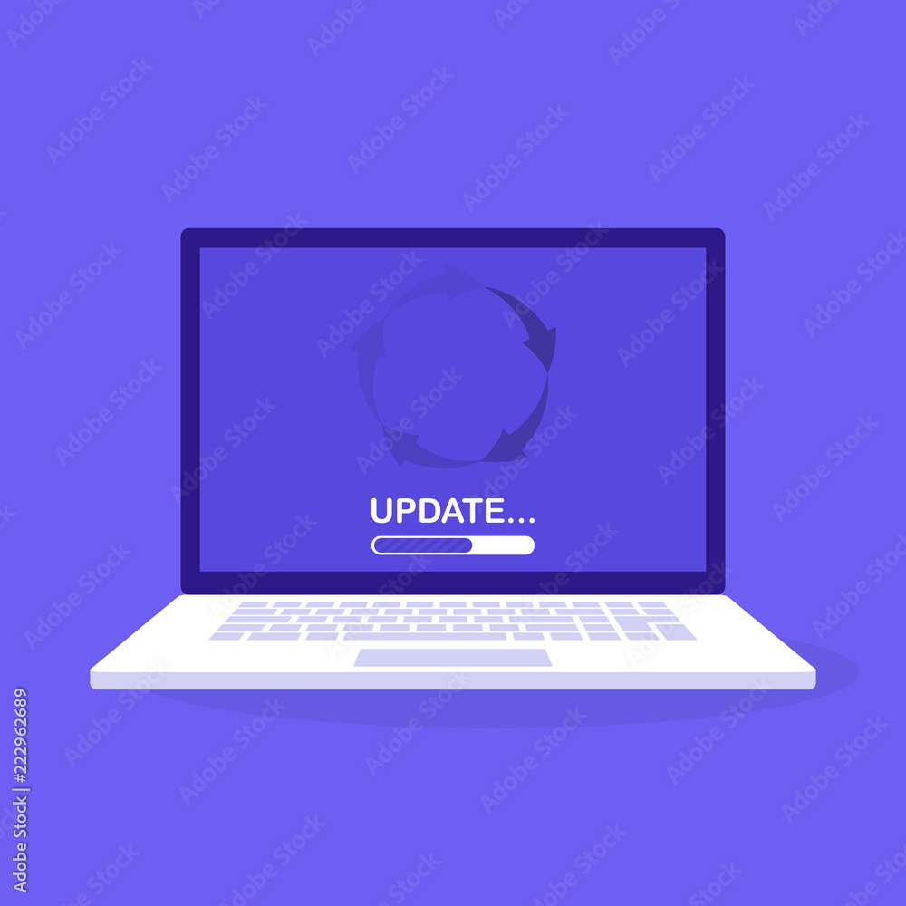 Poster system software update and upgrade concept. loading process in laptop screen. modern vector illustra