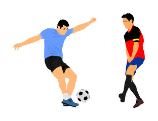 Soccer players in duel vector illustration isolated on white background. Football player battle for the ball and position. Attractive sport game, superstars on the scene.