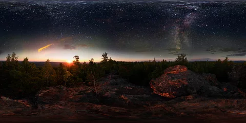 Foto auf Acrylglas Morgendämmerung im Wald unter dem Sternenhimmel eine Milchstraße. 360 vr Grad sphärisches Panorama © Baikal360