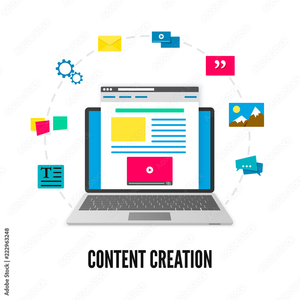Poster content creation concept. laptop with website on screen and elements of development. social media an