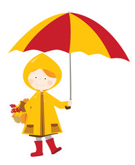 Cute walking cartoon little girl walking with the umbrella / autumn vector illustration for children