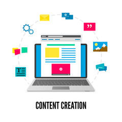 Content creation concept. Laptop with website on screen and elements of development. Social media and blogging. Vector illustration isolated on white background