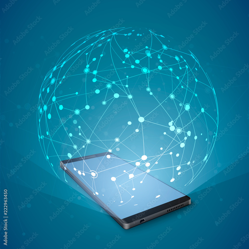 Poster abstract network hologram over smartphone screen. social media concept. technology of internet commu