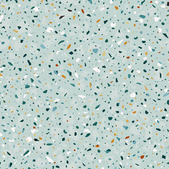 Terrazzo flooring vector seamless pattern in light green colors with accents. Classic italian type of floor in Venetian style composed of natural stone, granite, quartz, marble, glass and concrete