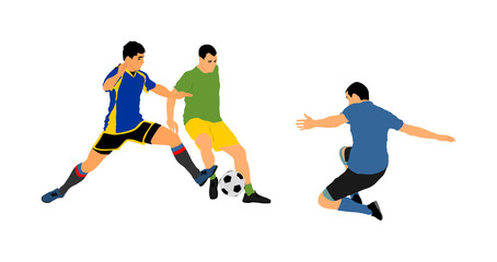 Soccer players in duel vector illustration isolated on white background. Football player battle for the ball and position. Sport activity people. Man competition. Handsome boy play soccer with friend. - obrazy, fototapety, plakaty