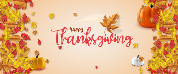 Fototapeta na wymiar Happy thanksgiving day, autumn holiday background. Happy Thanksgiving Day. Vector Illustration with Hand Lettered Text. Happy Thanksgiving text with fall leaves