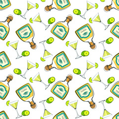 Tequila in seamless pattern. Template for printing on fabric. Illustration for decorating a bar. Alcohol on a white background.