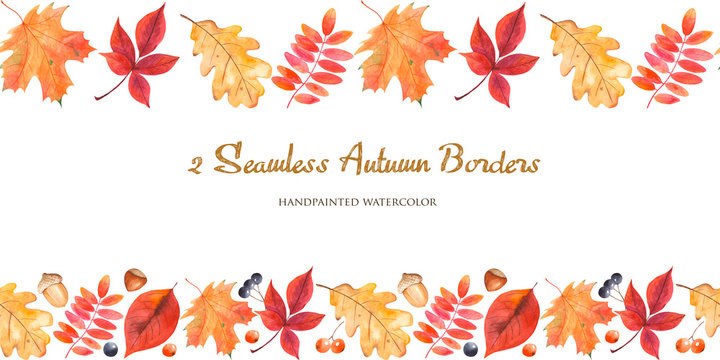 2 watercolor seamless border with autumn leaves, berries, nuts, acorns. Color texture for borders, frames, design of cards, citations.