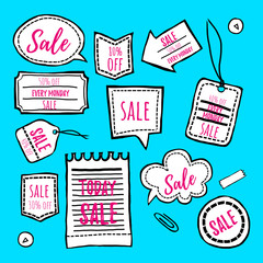 Hand drawn stickers and labels vector set rough style. sale decoration or speech bubble.