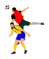 Fototapeta na wymiar Soccer players in duel vector illustration isolated on white background. Football player battle for the ball and position. Sport activity people. Man competition. Handsome boy play soccer with friend.