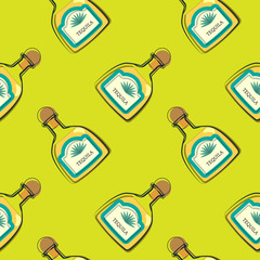 Tequila in seamless pattern. Template for printing on fabric. Illustration for decorating a bar. Alcohol on a green background.