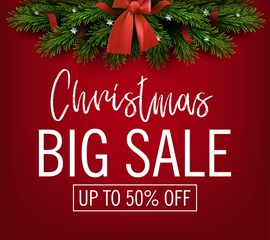 Fototapeta na wymiar Vector christmas sale banner. Holiday offer. Christmas tree with decorations