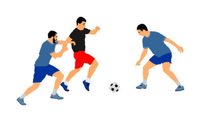 Soccer players in duel vector illustration isolated on white background. Football player battle for the ball and position. Sport activity people. Man competition. Handsome boy play soccer with friend.