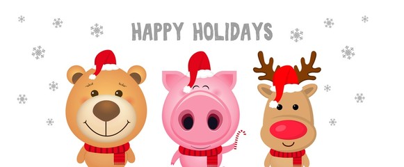 Obraz premium Happy holidays. Vector card with funny cartoon animals. Christmas teddy bear, pig, reindeer