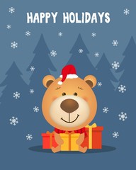 Vector cute card with cartoon christmas teddy bear. Happy new year, happy holidays card