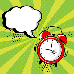 Empty white comic bubble and red alarm clock on green background in pop art style. Vector illustration