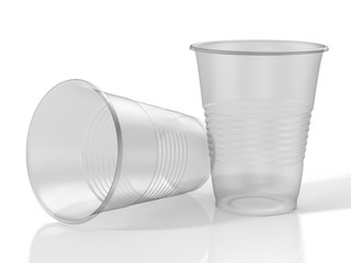 Two transparent plastic cups. 3D Illustration