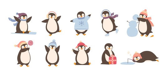 Bundle of adorable penguins wearing winter clothing and hats isolated on white background. Set of funny cartoon arctic animals in outerwear. Colorful childish vector illustration in flat style. - obrazy, fototapety, plakaty